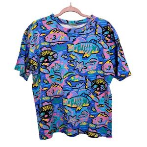 Ken Done‎ Vintage AOP Novelty Print T-Shirt Blue Fish Pop Art Oceancore Deep Sea